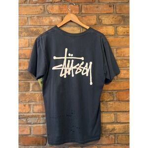 Stussy Graphic Logo T-Shirt Mens Medium Navy Blue Distressed Thrashed Streetwear